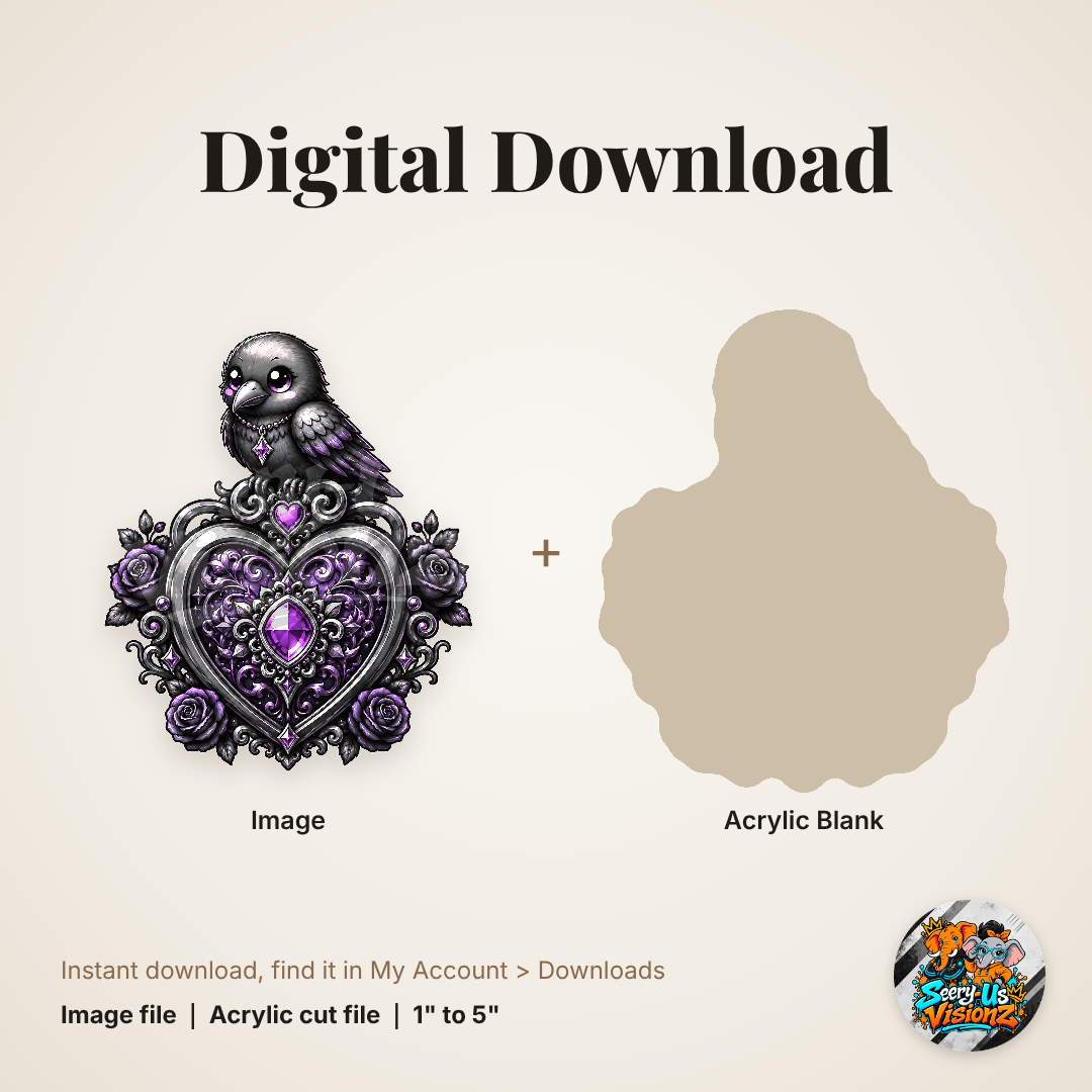 Raven Jeweled Heart acrylic blank and digital download
