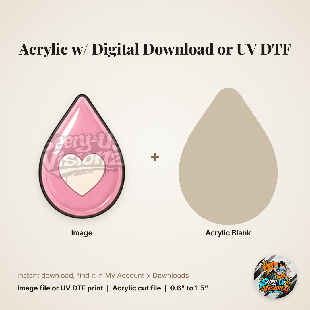 Pink Blood Drop Heart Charm acrylic blank and digital download