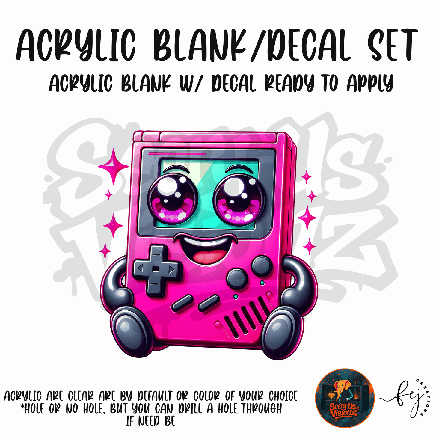Pink Retro Game Buddy themed acrylic blank with hole at top, multipurpose crafting shape