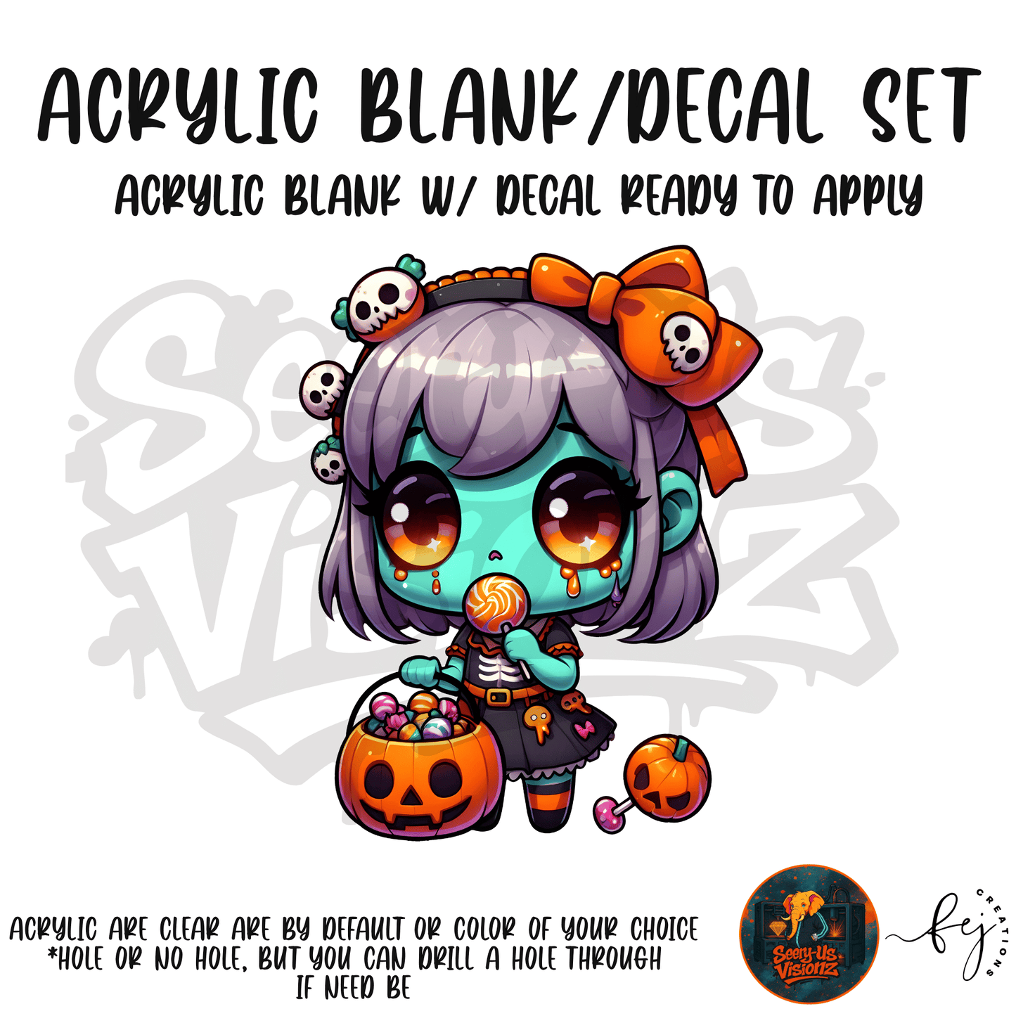 Pumpkin Zombie Girl themed acrylic blank with hole at top, multipurpose crafting shape
