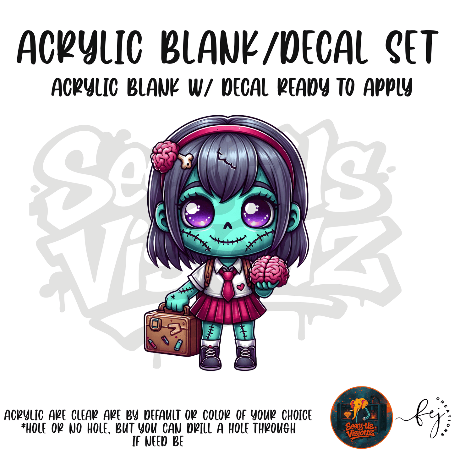 Teal Zombie Doll themed acrylic blank with hole at top, multipurpose crafting shape