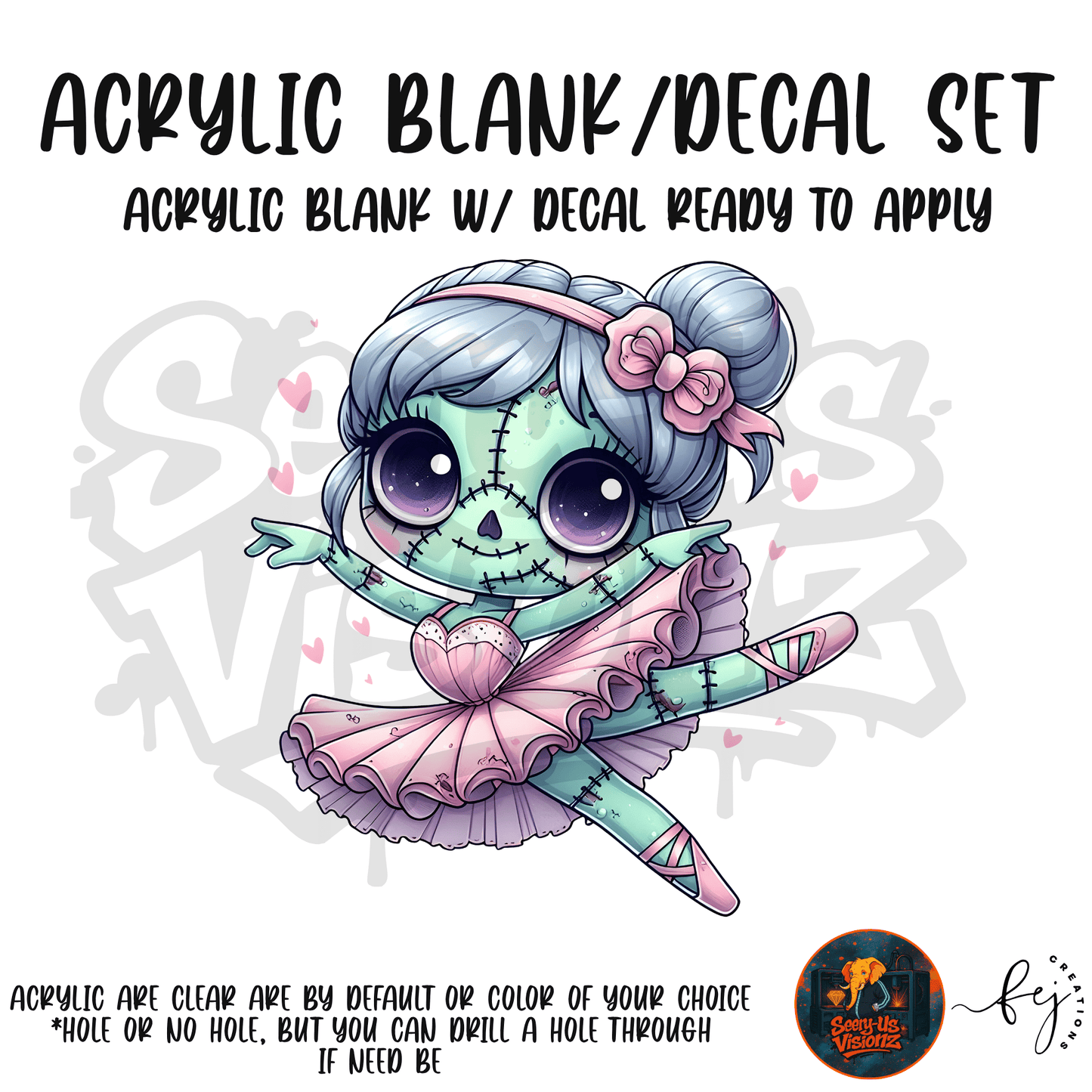 Ballerina Zombie themed acrylic blank with hole at top, multipurpose crafting shape