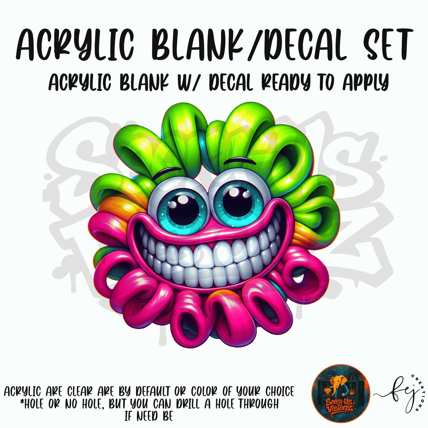 Rainbow Grin Scrunchie themed acrylic blank with hole at top, multipurpose crafting shape