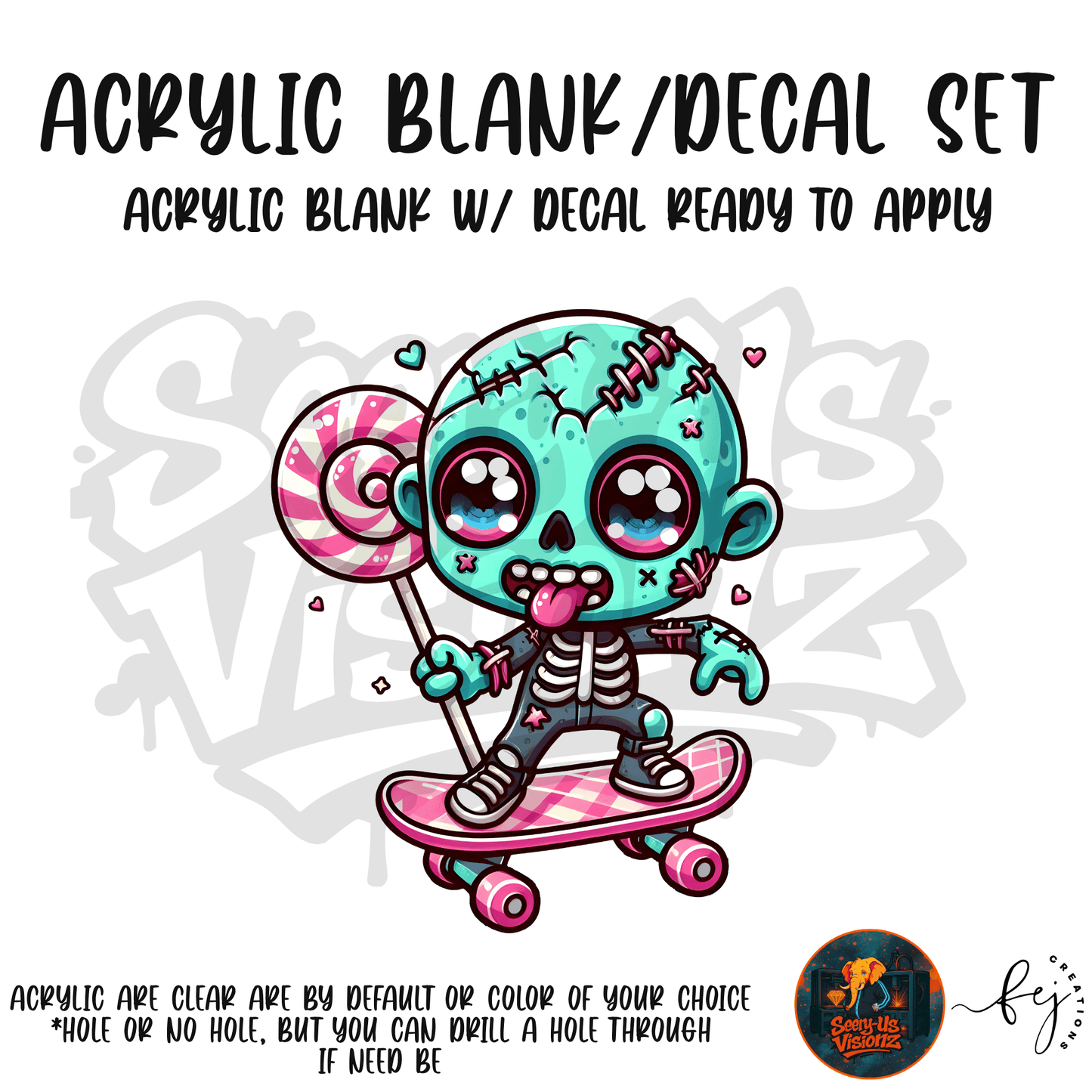 Skateboard Zombie themed acrylic blank with hole at top, multipurpose crafting shape
