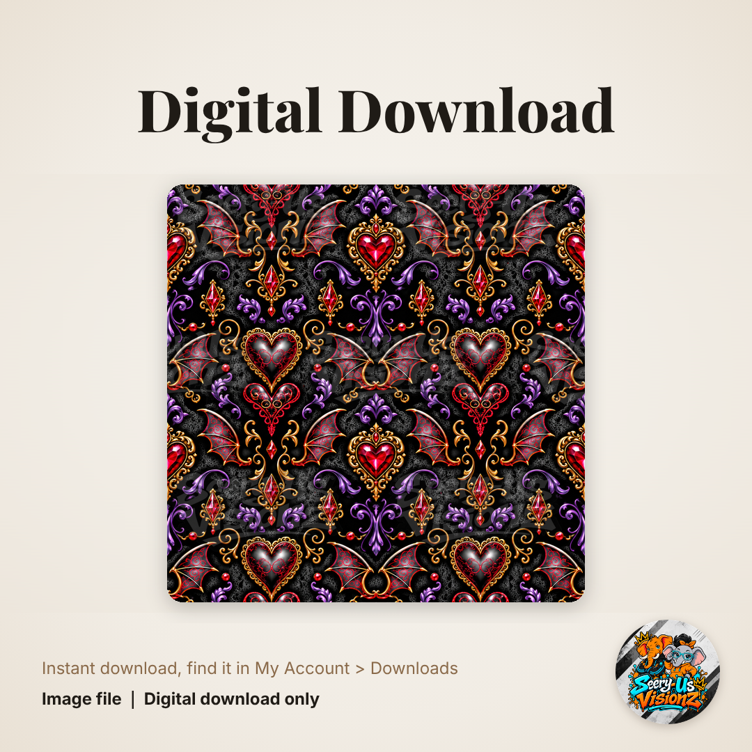 Gothic Bat Wing Heart Pattern Paper digital download
