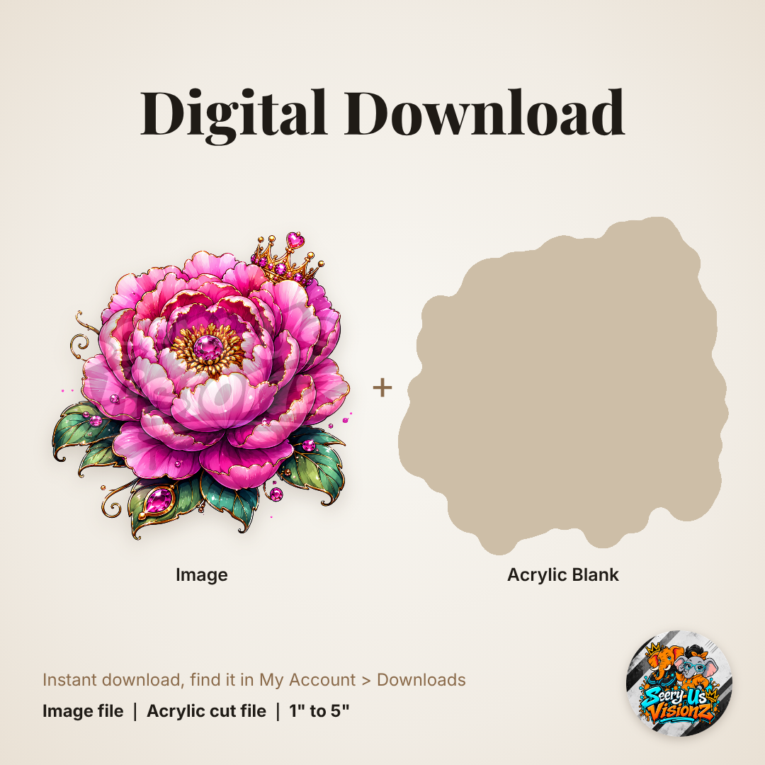 Jeweled Pink Peony Flower acrylic blank and digital download