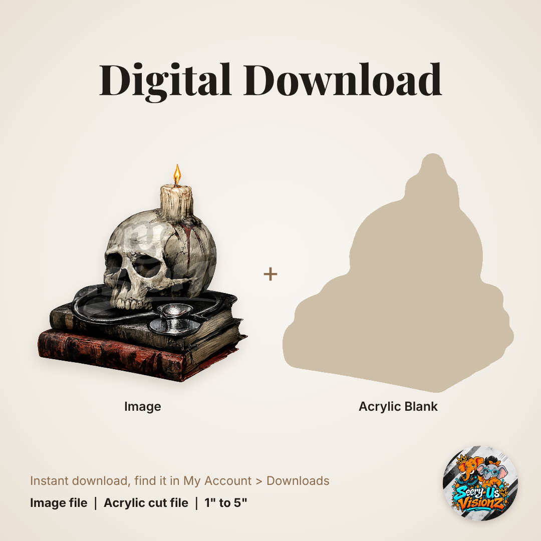 Skull Candle on Old Books acrylic blank and digital download
