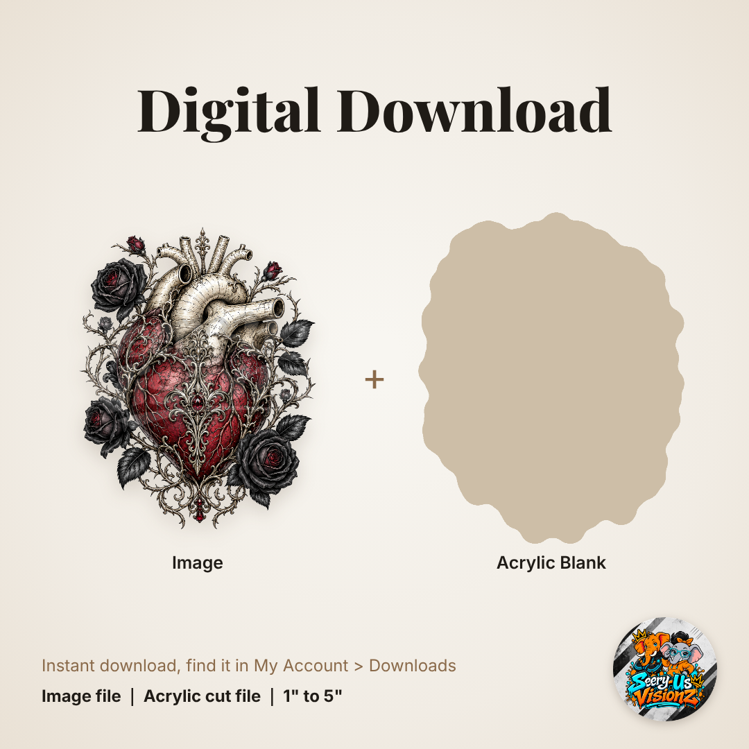 Black Rose Filigree Heart acrylic blank and digital download