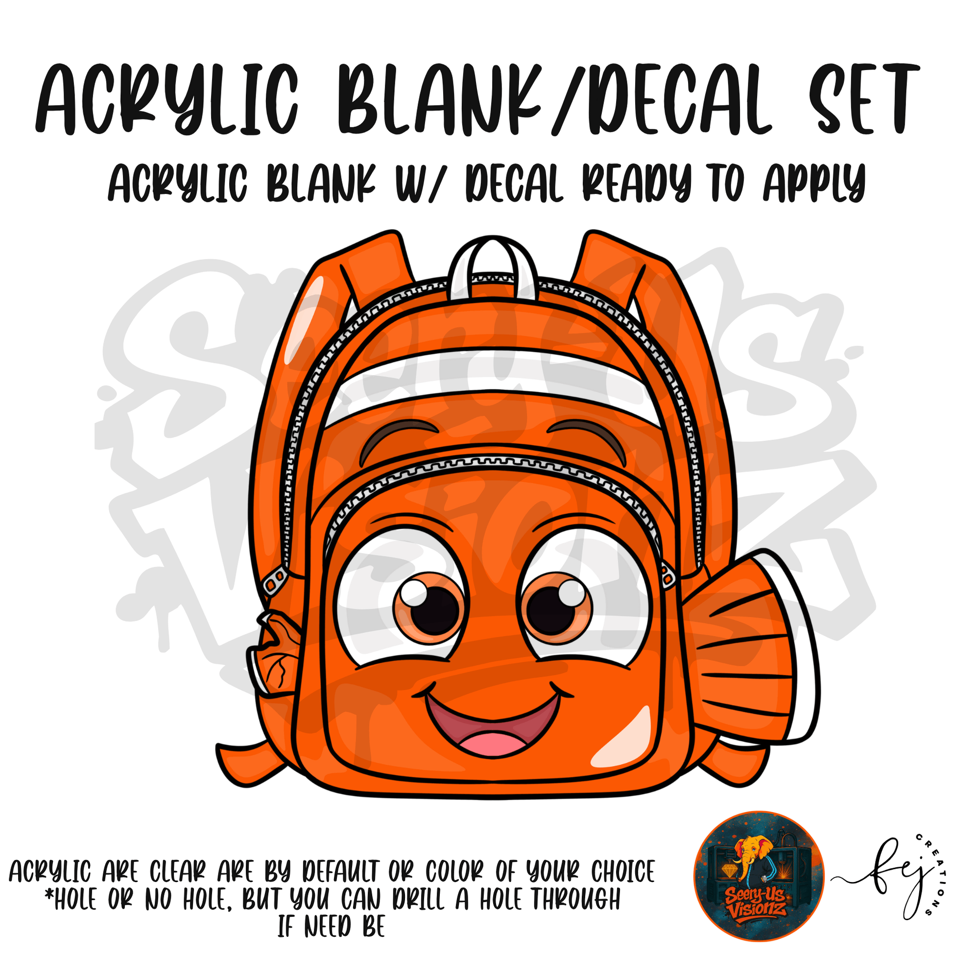 Orange Clownfish Smile themed acrylic blank with hole at top, multipurpose crafting shape
