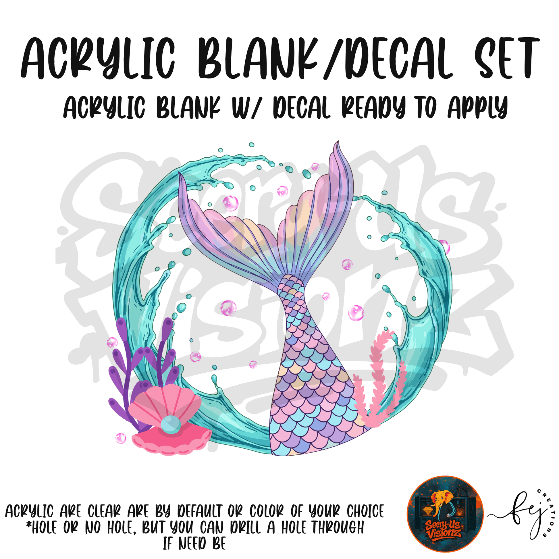 Pastel Mermaid themed acrylic blank with hole at top, multipurpose crafting shape
