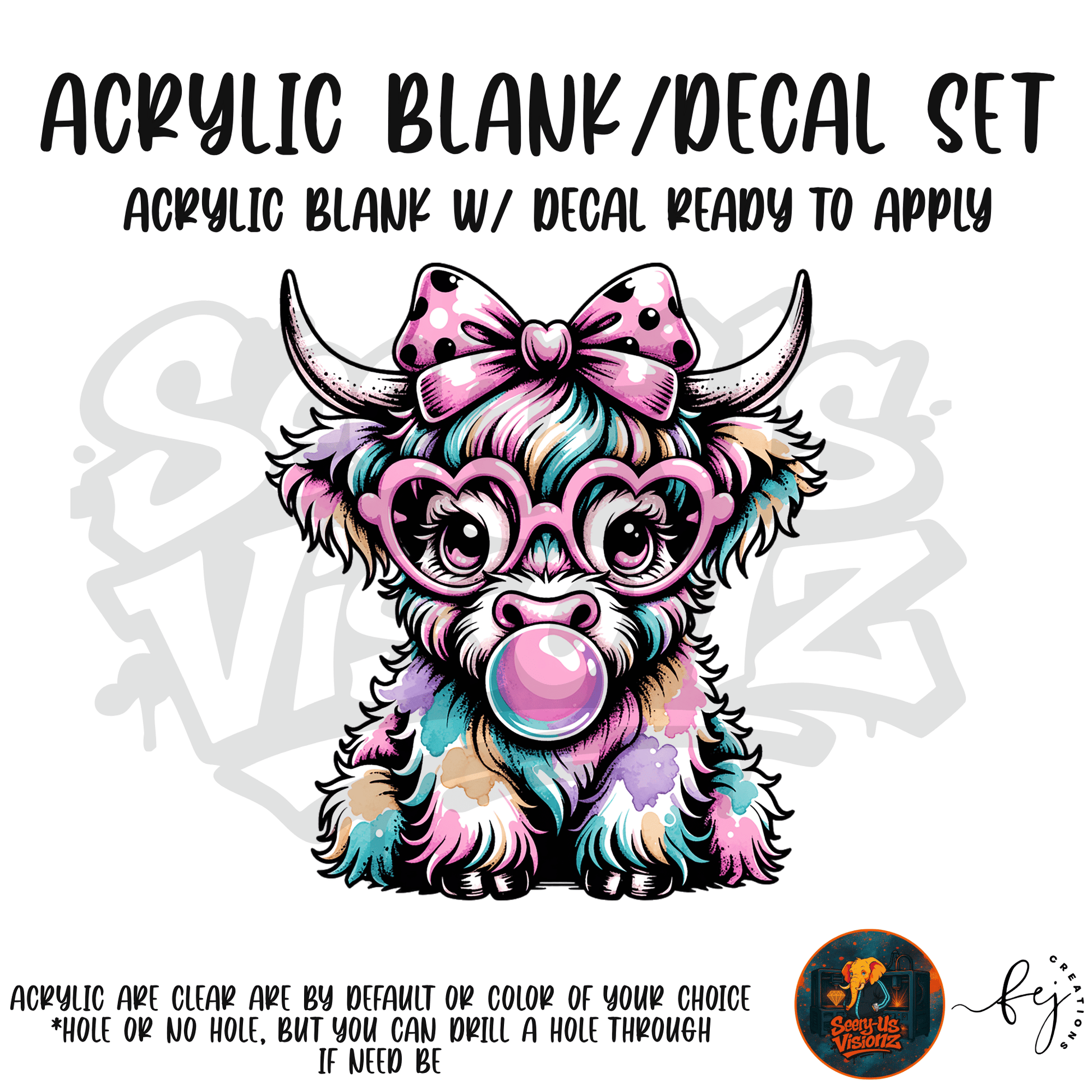 Pink Highland Cow themed acrylic blank with hole at top, multipurpose crafting shape
