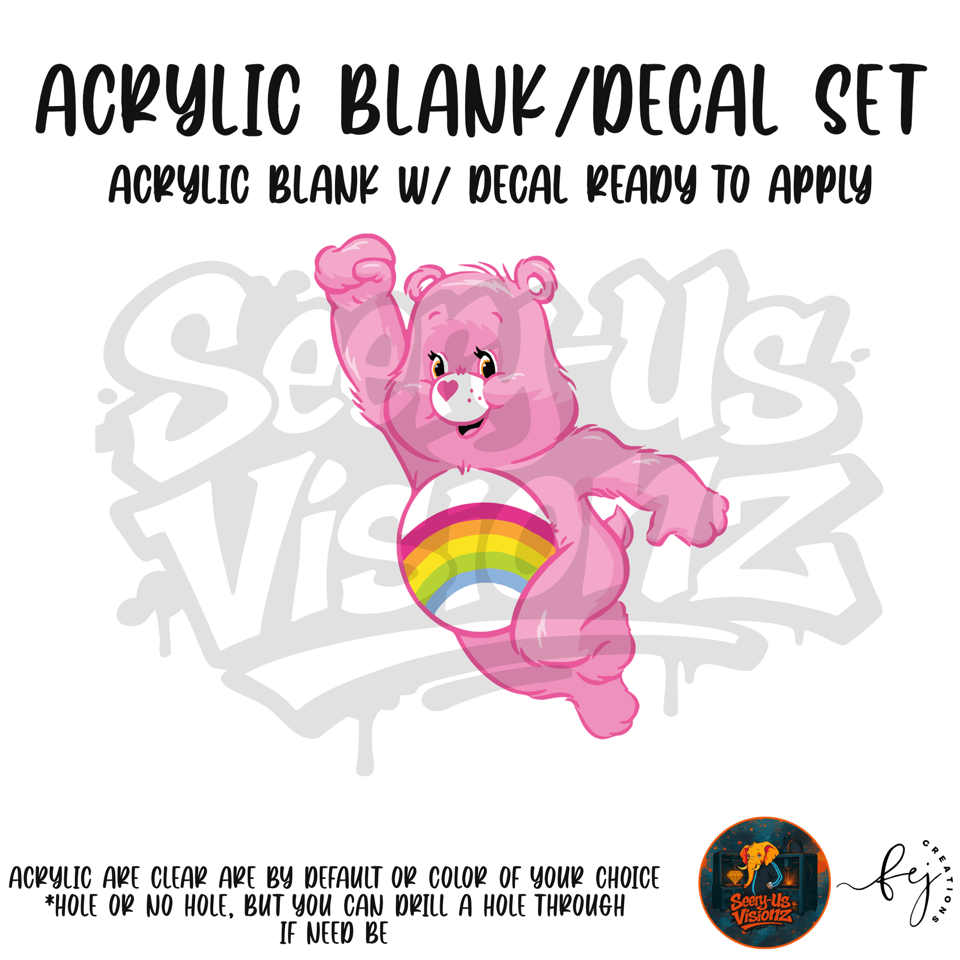 Pink Rainbow Bear themed acrylic blank with hole at top, multipurpose crafting shape
