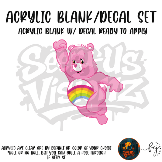 Pink Rainbow Bear themed acrylic blank with hole at top, multipurpose crafting shape
