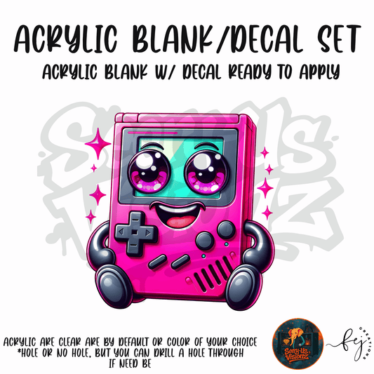 Pink Retro Game Buddy themed acrylic blank with hole at top, multipurpose crafting shape
