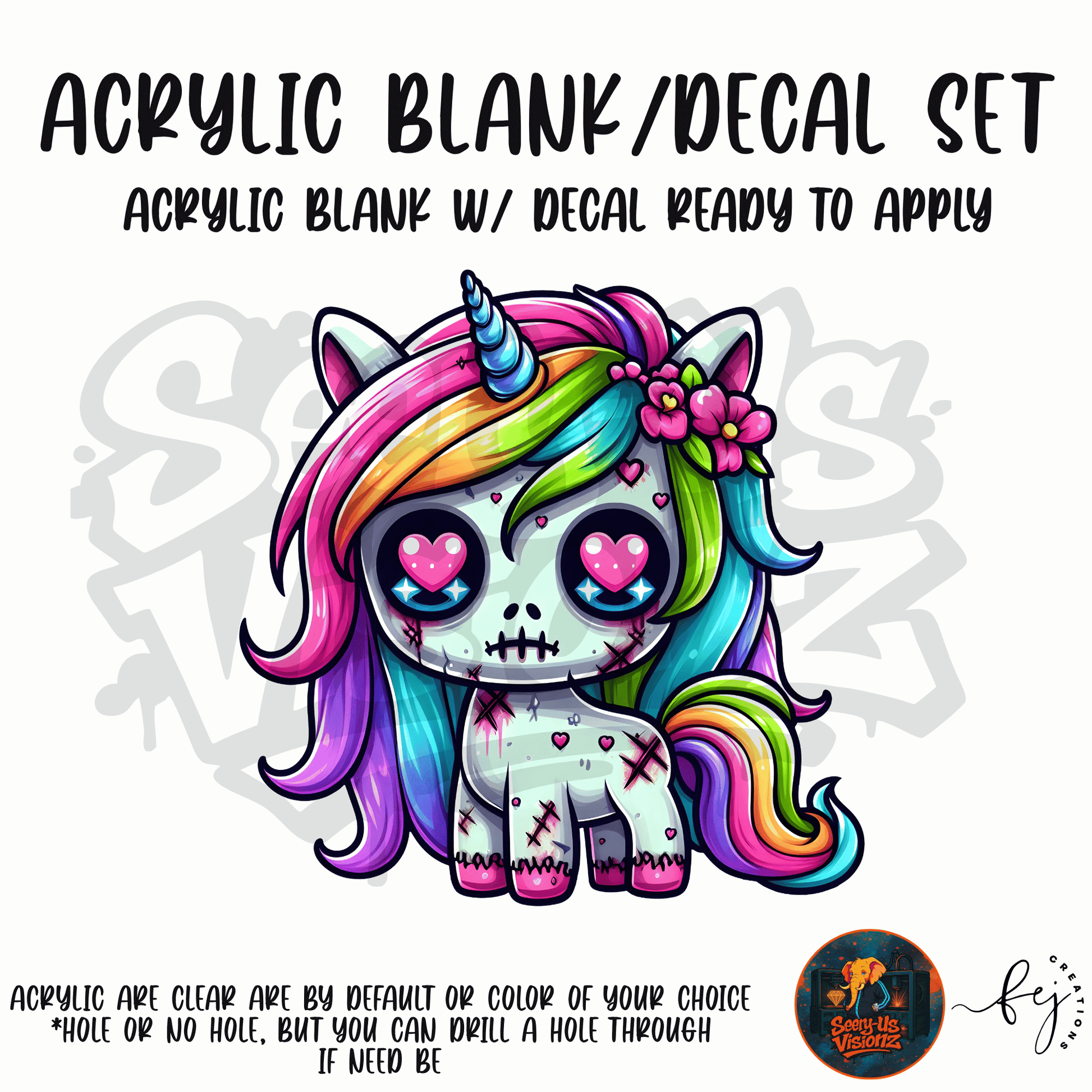 Rainbow Unicorn Zombie themed acrylic blank with hole at top, multipurpose crafting shape
