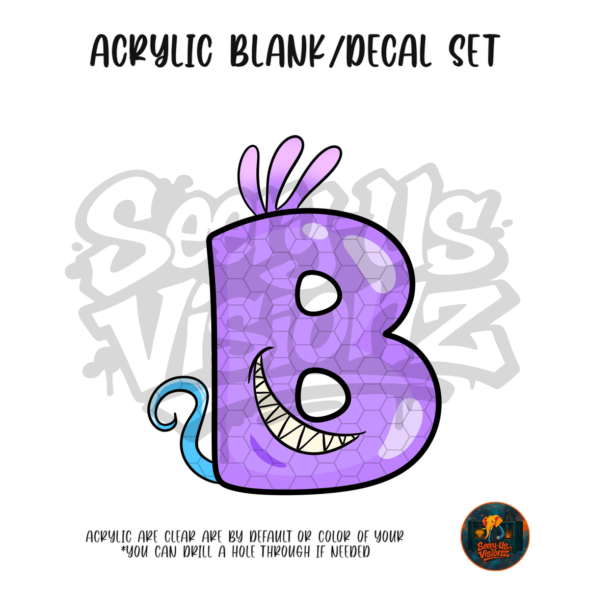Letter B Purple Grin acrylic blank and UV DTF decal kit