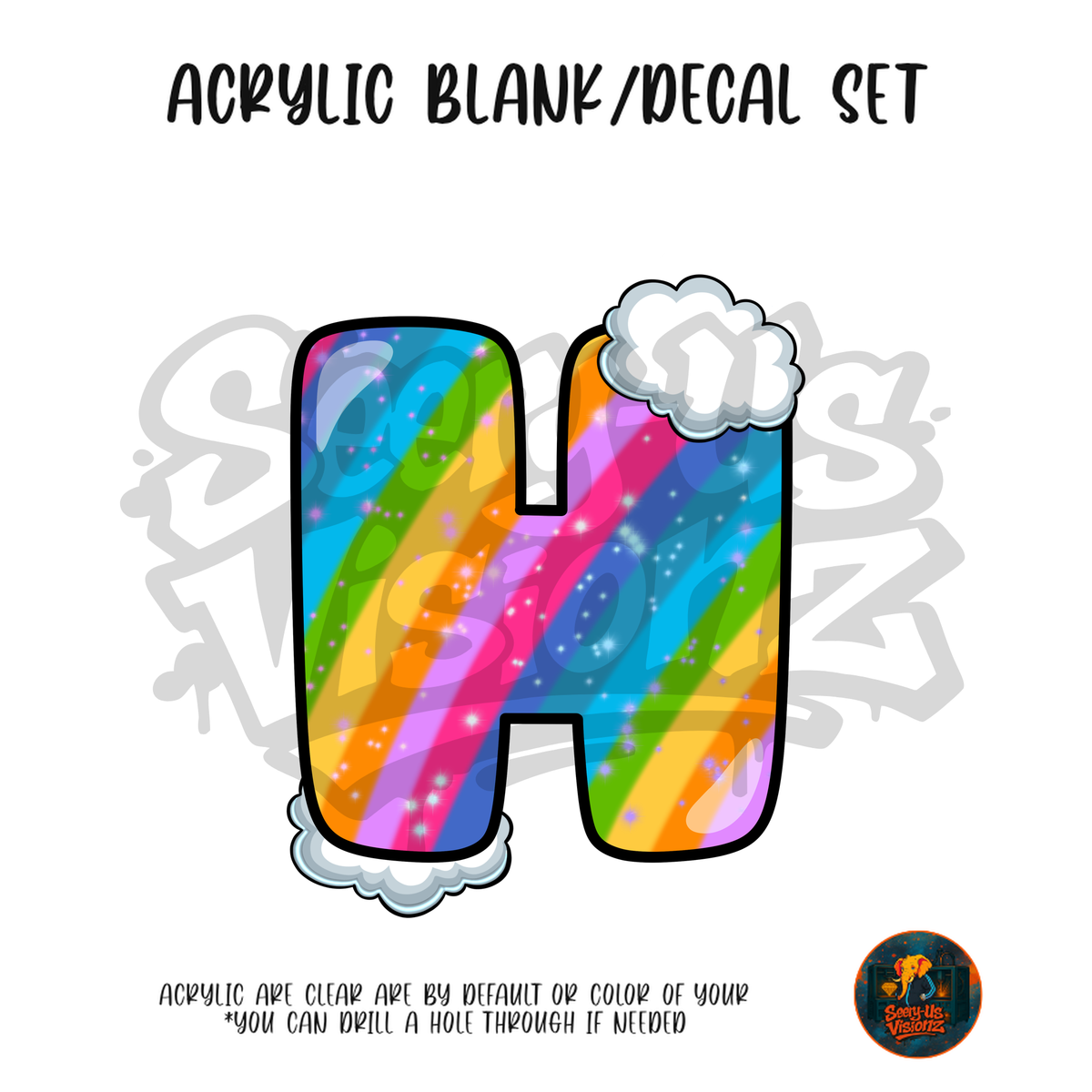 Letter H Rainbow Clouds acrylic blank and UV DTF decal kit