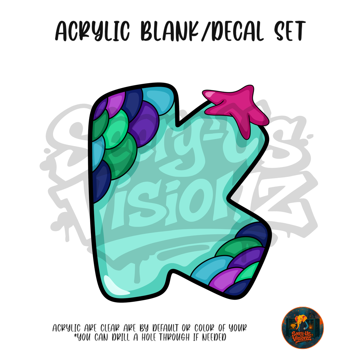 Letter K Mermaid Scales acrylic blank and UV DTF decal kit