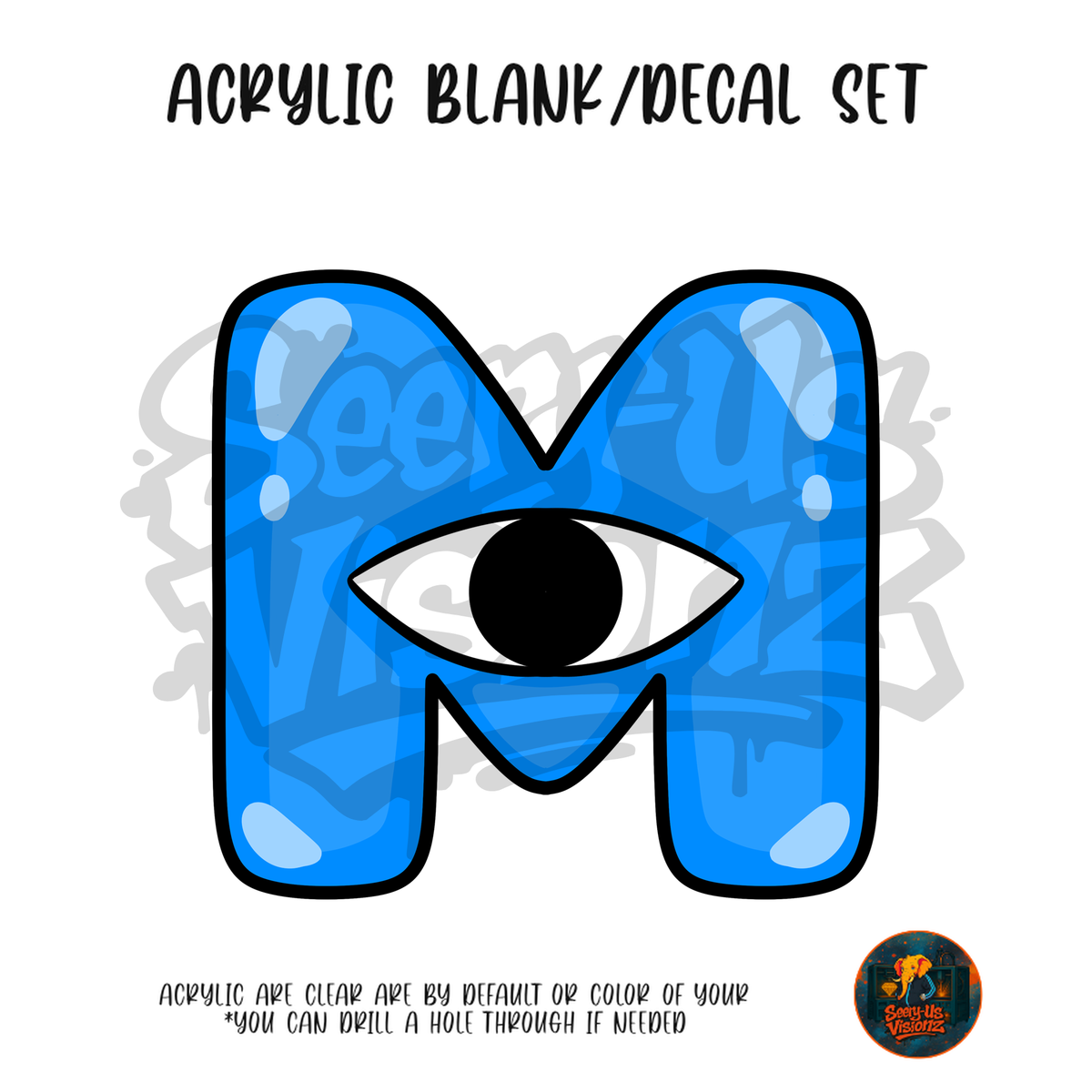 Letter M One Eye Blue acrylic blank and UV DTF decal kit