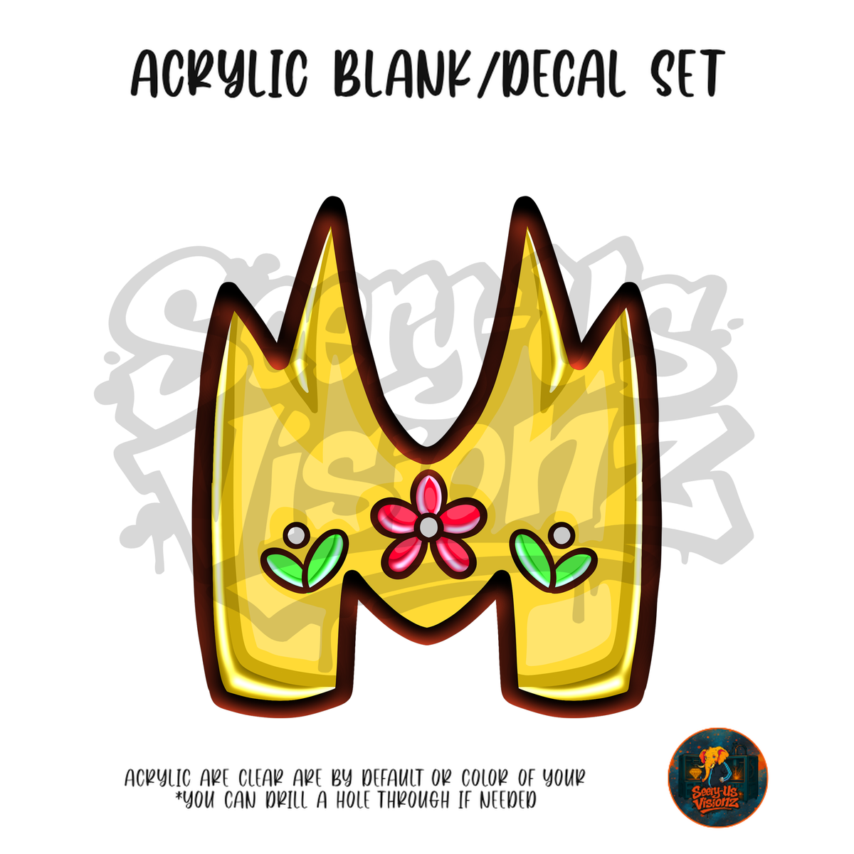 Letter M Flower Crown acrylic blank and UV DTF decal kit