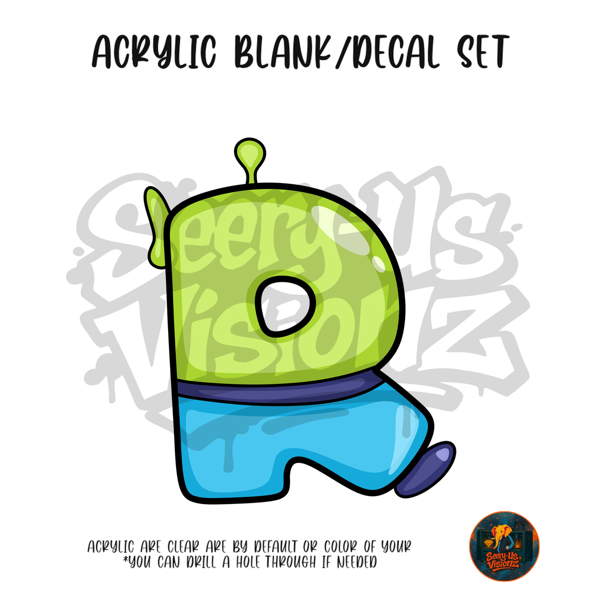 Letter R Green Toy Alien acrylic blank and UV DTF decal kit