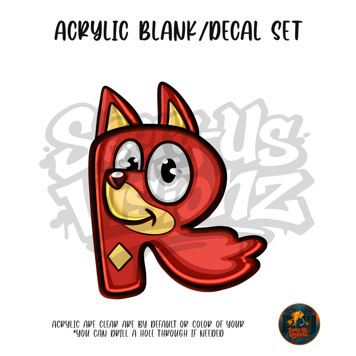 Letter R Red Fox acrylic blank and UV DTF decal kit