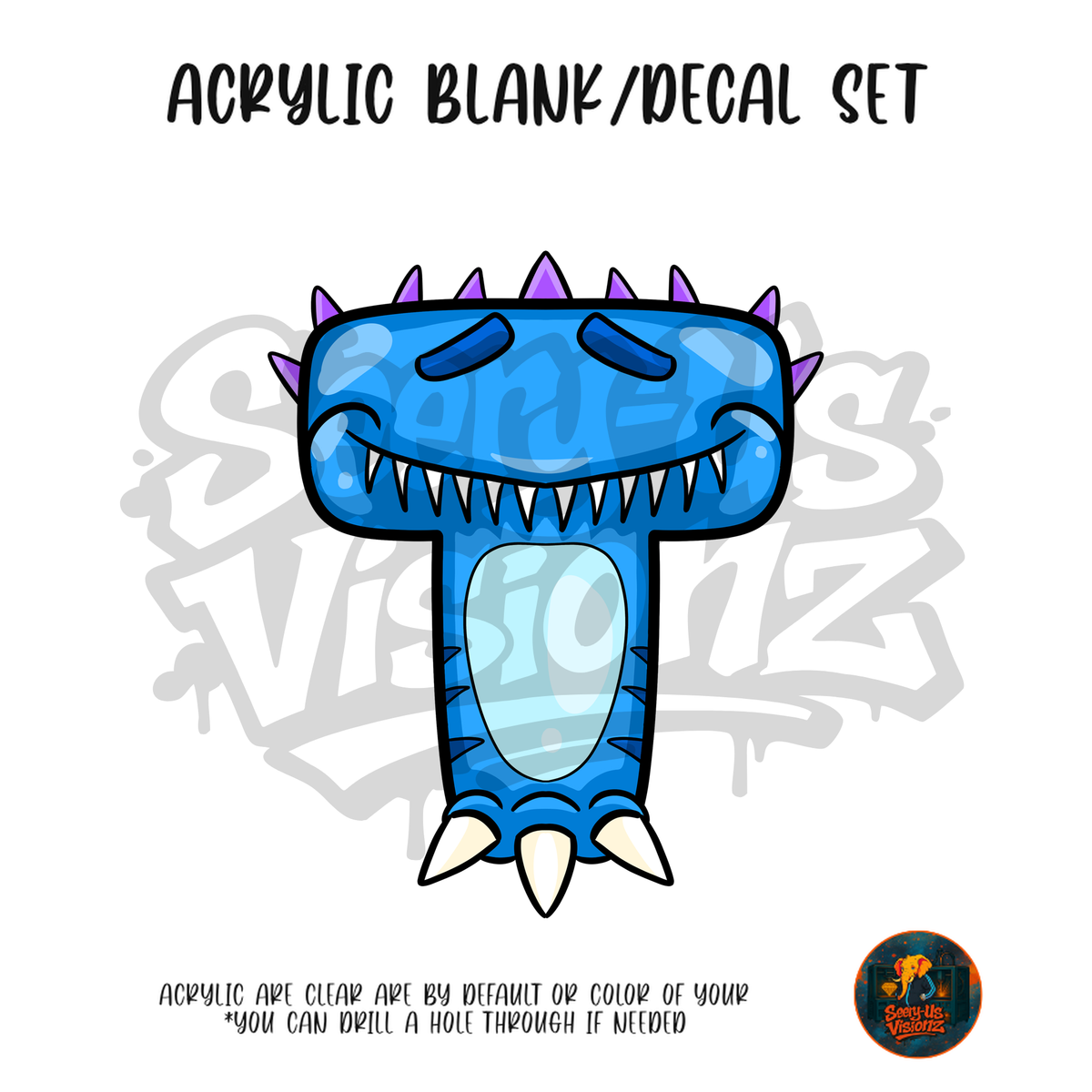 Letter T Blue Spiky Monster acrylic blank and UV DTF decal kit