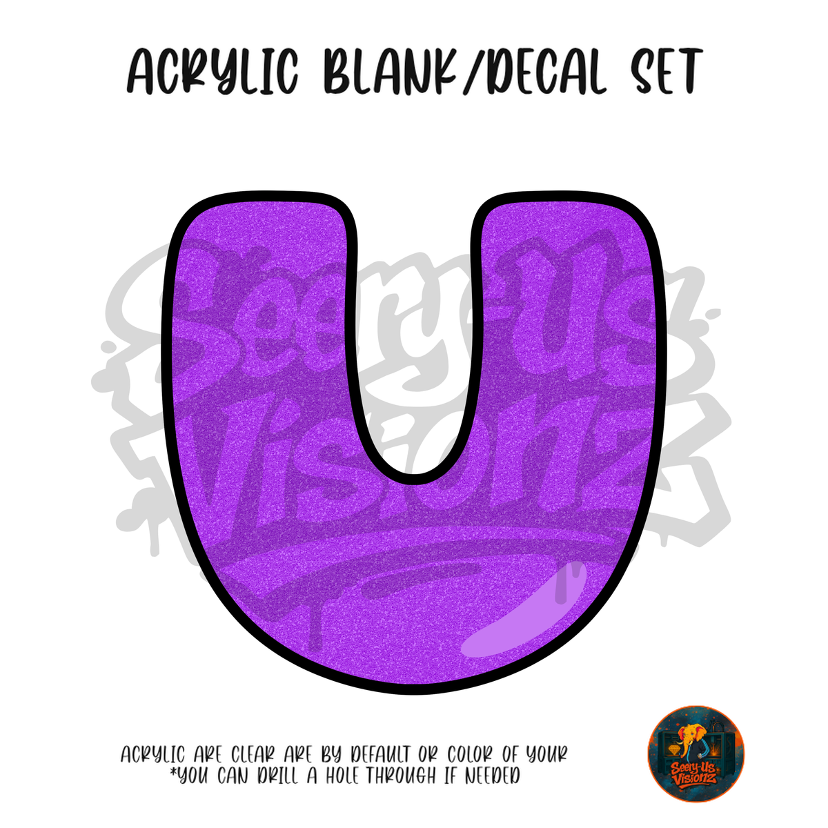 Letter U Purple Glitter acrylic blank and UV DTF decal kit