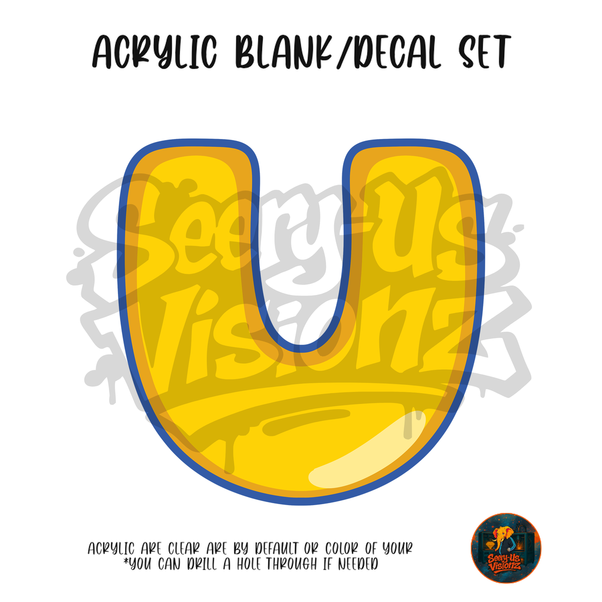Letter U Yellow Classic acrylic blank and UV DTF decal kit