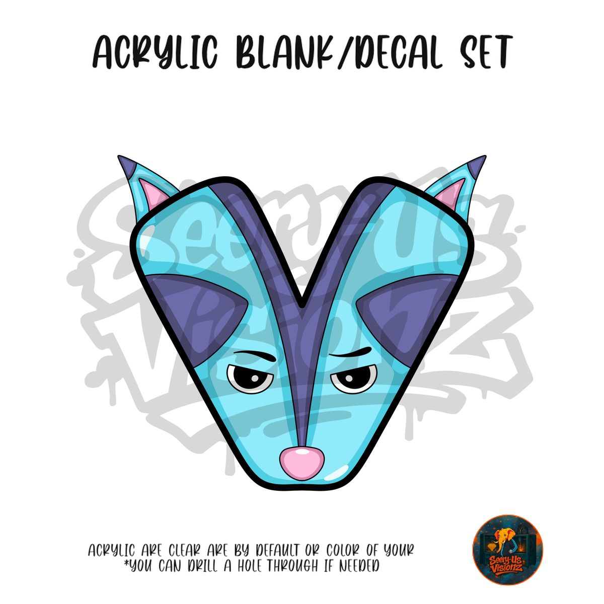Letter V Blue Fox Face acrylic blank and UV DTF decal kit