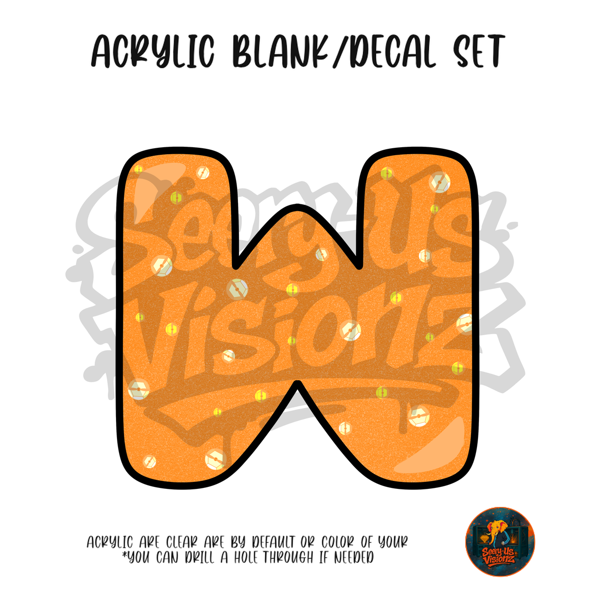 Letter W Orange Sparkle acrylic blank and UV DTF decal kit