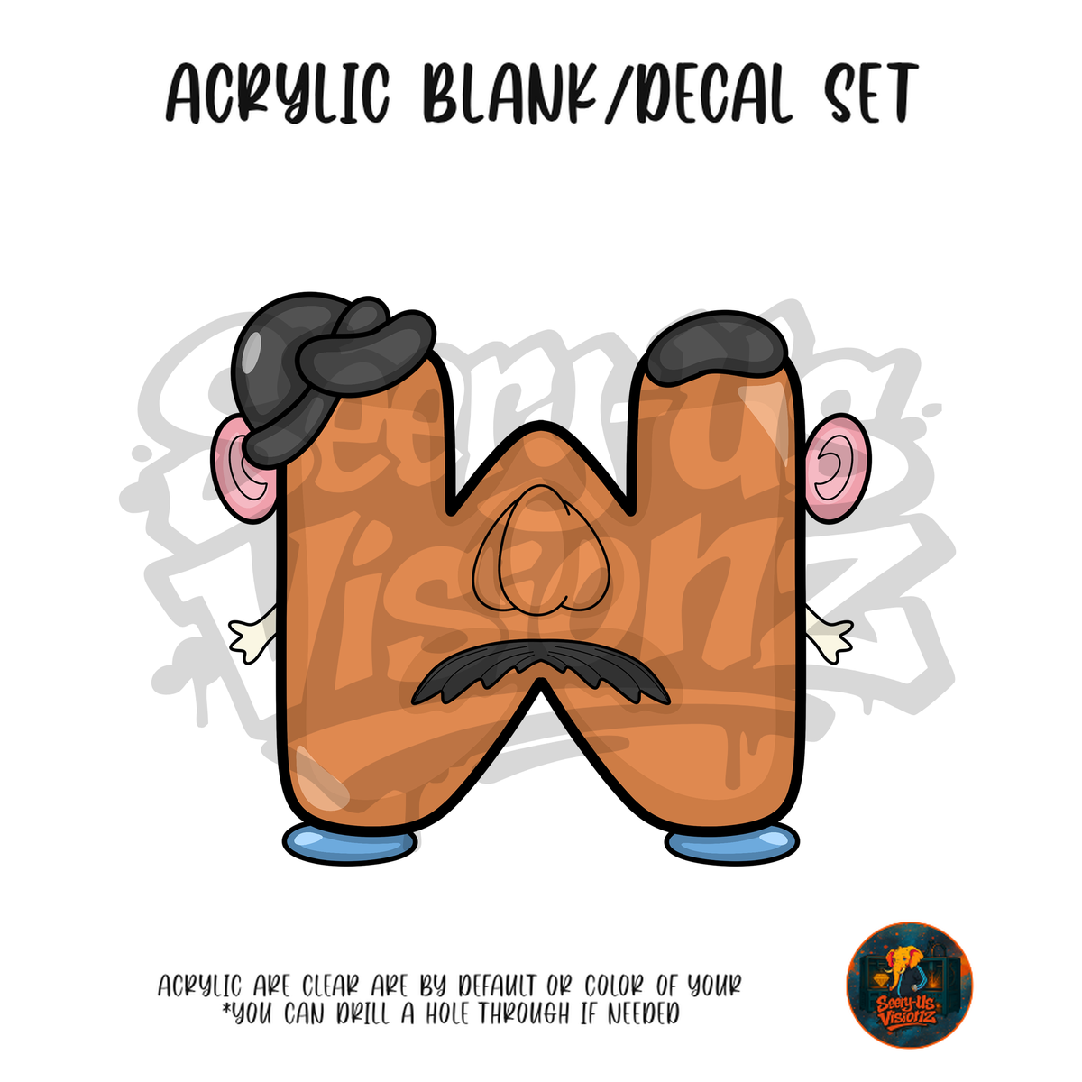 Letter W Potato Toy acrylic blank and UV DTF decal kit