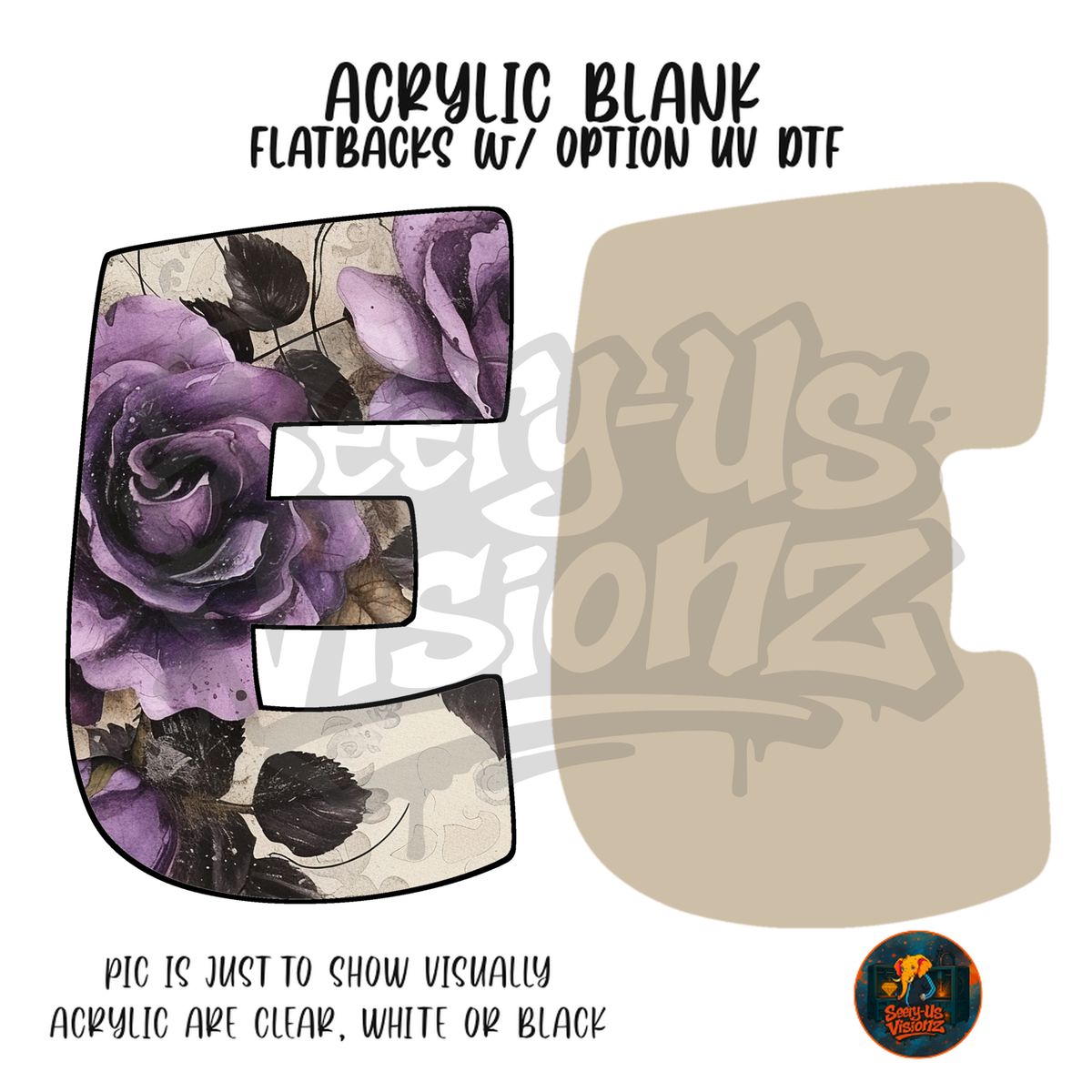 Letter E Purple Rose acrylic blank, Acrylic & UV DTF Print
