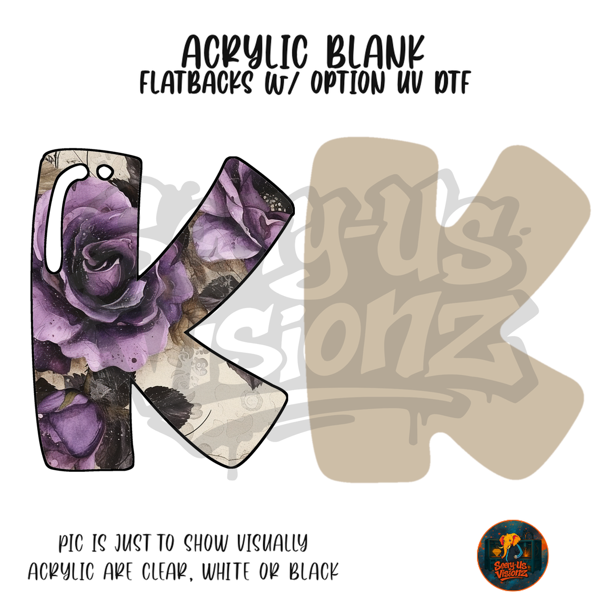 Letter K Purple Rose acrylic blank, Acrylic & UV DTF Print