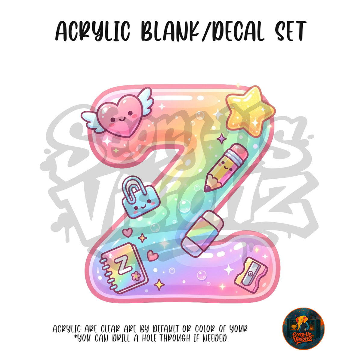 Letter Z Pastel Rainbow acrylic blank and UV DTF decal kit