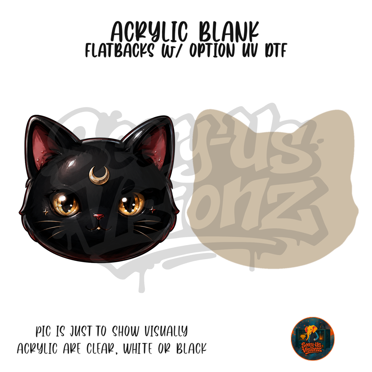Black Moon Cat Face acrylic blank, Acrylic & UV DTF Print