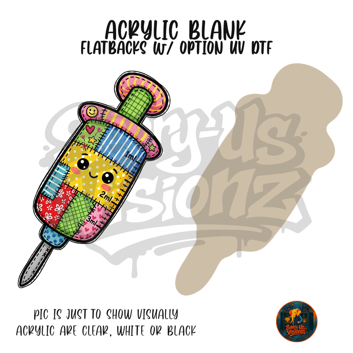 Patchwork Smiley Syringe acrylic blank, Acrylic & UV DTF Print