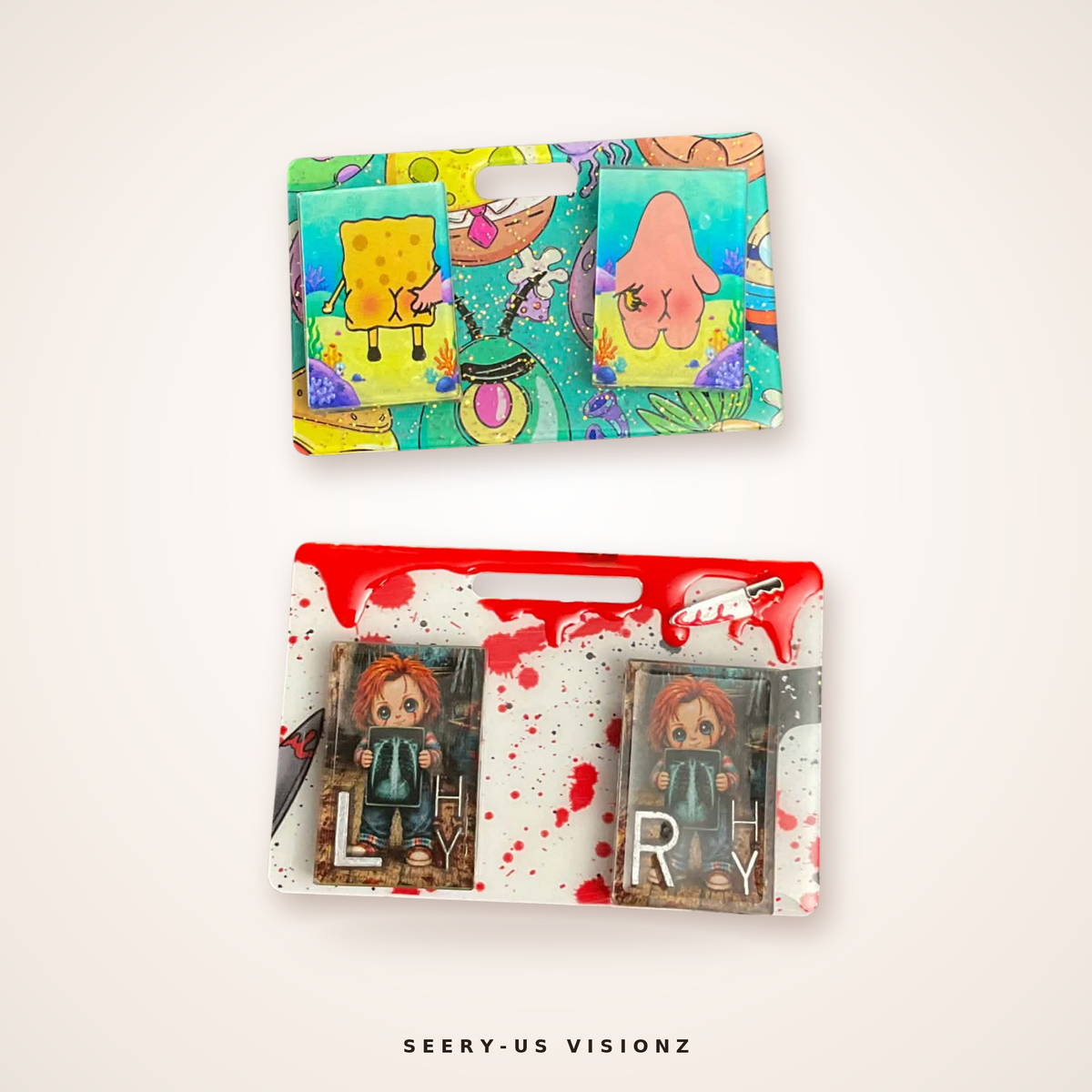 Custom acrylic X-ray marker holders, SpongeBob and blood splatter designs