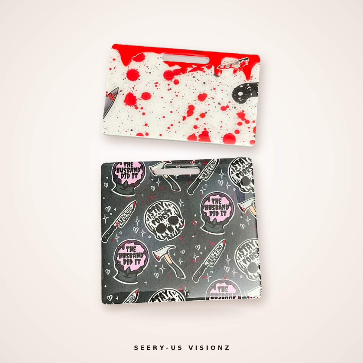 Custom acrylic X-ray marker holders, blood splatter and The Husband Did It designs