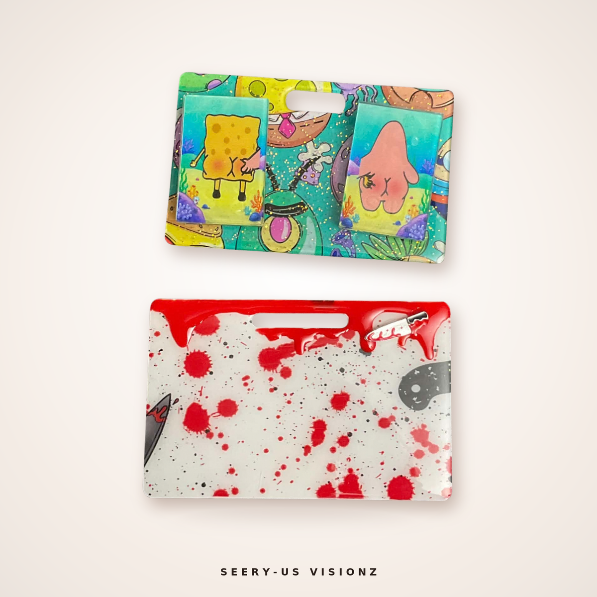 Custom acrylic X-ray marker holders with slot, SpongeBob and blood splatter