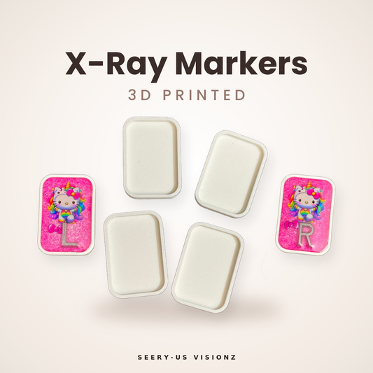 X-Ray Markers 3D printed, white frame blanks and pink L and R markers