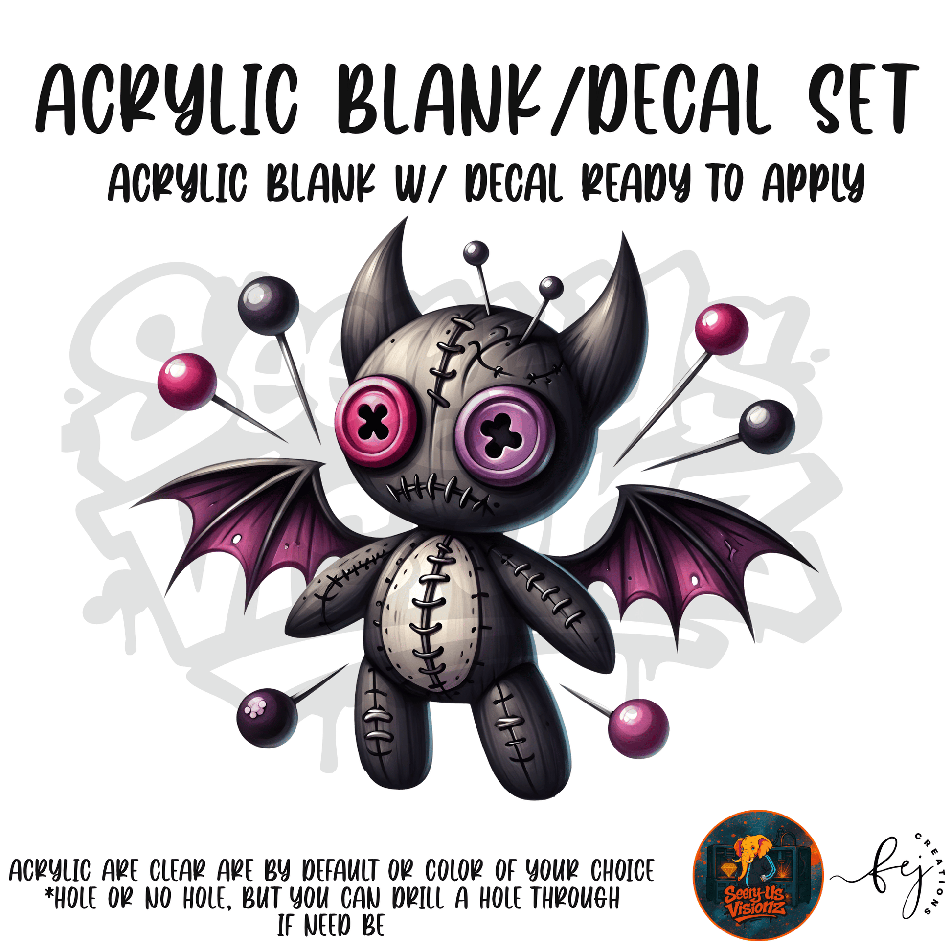 Black Bat Voodoo Doll themed acrylic blank with hole at top, multipurpose crafting shape
