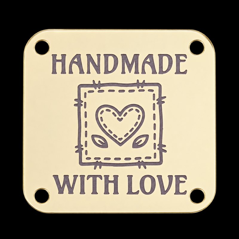 Gold sew-on square medallion, Handmade With Love, 4 sew holes