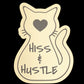 Gold cat shaped engraved medallion, Hiss and Hustle