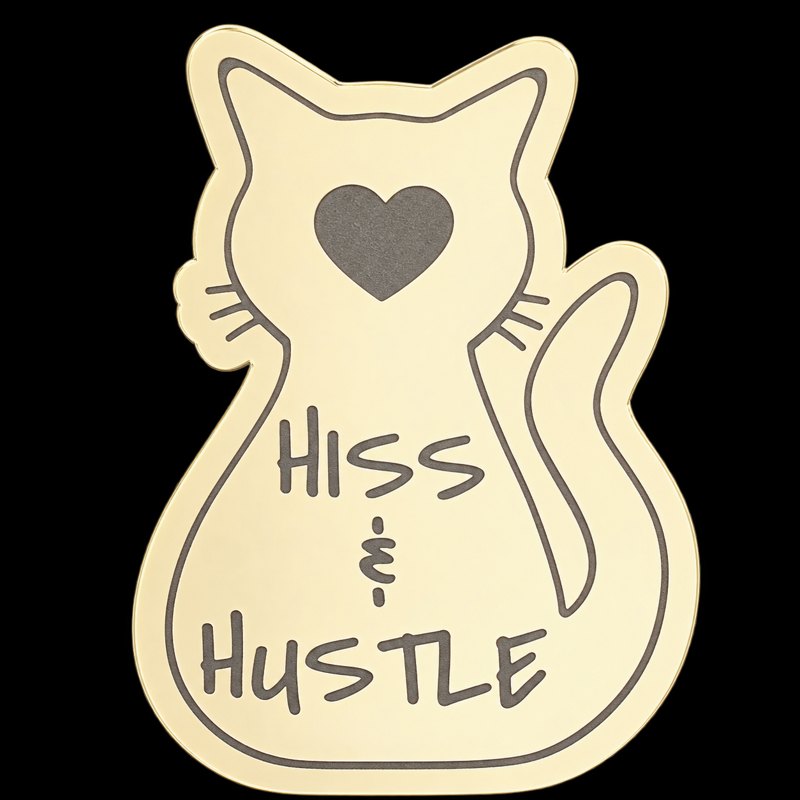 Gold cat shaped engraved medallion, Hiss and Hustle
