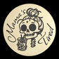 Gold round engraved medallion, Mama's Tired skeleton design