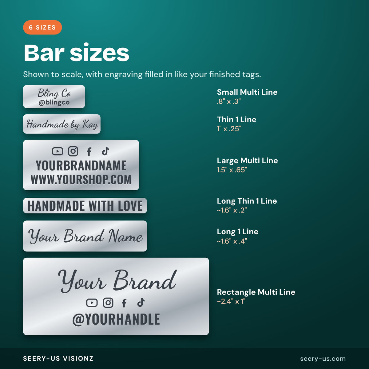 Six bar medallion sizes shown to scale with engraving