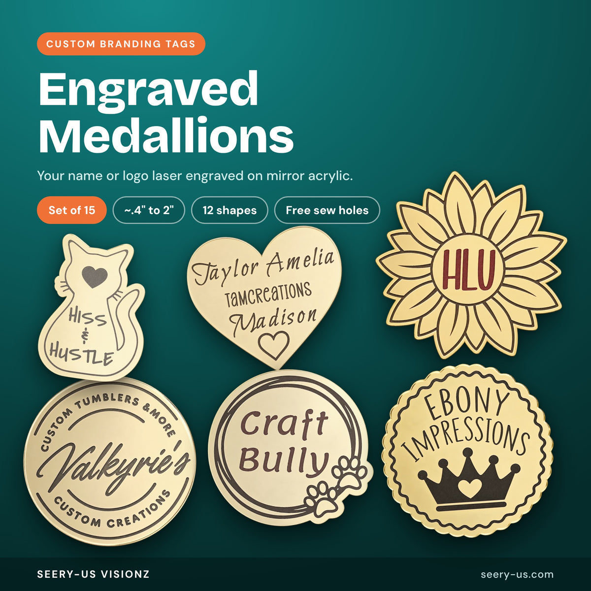 Engraved Medallions, set of 15, laser engraved mirror acrylic