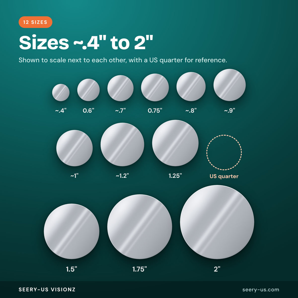 Engraved medallion sizes from ~.4 to 2 inches shown to scale