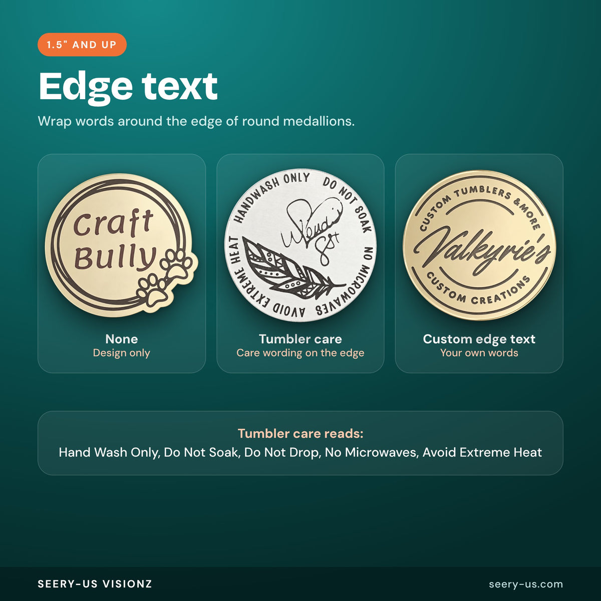 Edge text options: none, tumbler care, custom